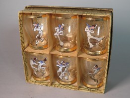 #1586  Boxed Set of Art Deco Dancing Sailors Shot Glasses, circa 1940s - 1950s