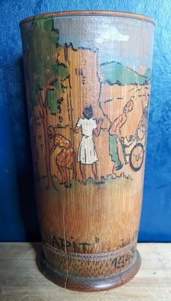 #1764 Important Documentary Dutch P.O.W. Painted Bamboo Pot, dated July 1943