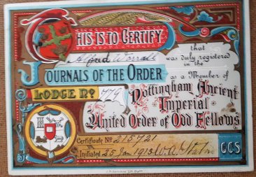 #1835 Nottinham Ancient Imperial United Order of Odd Fellows Certificate (1913) **SOLD** April 2021