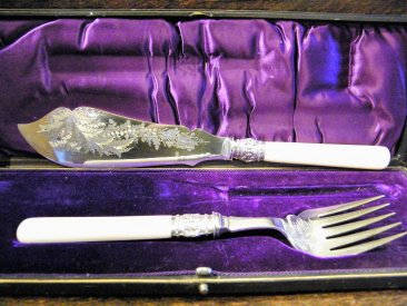#1442  Victorian Silver Plated Ivory handled Fish Servers