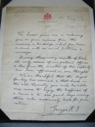 #1696   Hand Written Letter from King George V to Former Prisoner of War, 1918   **Sold**