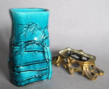 #1848  Fine & Rare Chinese Turquoise Glazed  Brush Pot & Ormolu Stand, circa 1700-1730  *Price on Request*