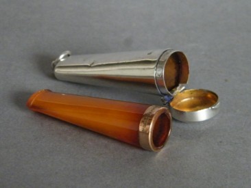 #0742 Edwardian Gold Collared Amber Cheroot Holder in Silver Case, circa 1910 **SOLD**