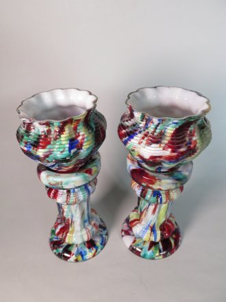 #1691  Pair of Art Deco Bohemian Art Glass Jardinieres and Stands by Franz Welz, circa 1925   **Sold**  April 2018