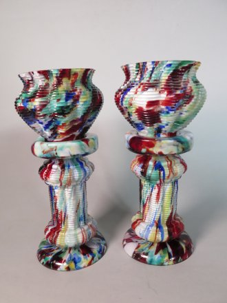 #1691  Pair of Art Deco Bohemian Art Glass Jardinieres and Stands by Franz Welz, circa 1925   **Sold**  April 2018