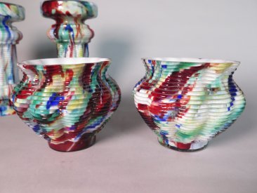 #1691  Pair of Art Deco Bohemian Art Glass Jardinieres and Stands by Franz Welz, circa 1925   **Sold**  April 2018