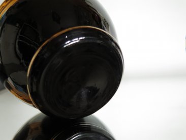 #1689  Art Deco Black Glass Decanter plus Six Shot Glasses, circa 1950s