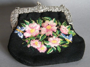 #0085 German Embroidered Handbag with Silver Clasp, Edwardian c1900-1910