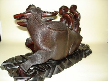 #0105 Large Carved Chinese Hardwood Buffalo and Stand - Gangxu Reign (1875 -- 1908) **Sold**  to USA December 2007 售至美国 - 2007年12月