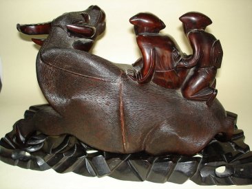 #0105 Large Carved Chinese Hardwood Buffalo and Stand - Gangxu Reign (1875 -- 1908) **Sold**  to USA December 2007 售至美国 - 2007年12月