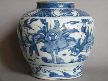 #0470  Late Ming Blue White Boys Jar Wanli Tianqi c 1610-1625 **Sold**