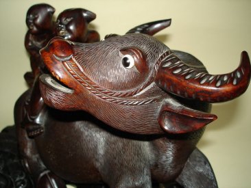 #0105 Large Carved Chinese Hardwood Buffalo and Stand - Gangxu Reign (1875 -- 1908) **Sold**  to USA December 2007 售至美国 - 2007年12月