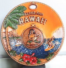 #1855 Painted Pottery Hawaiian Wall Plaque, circa 1960s - 1970s **Sold** April 2020