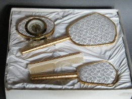 #0924 Boxed Ladies Dressing Table Mirror Brush & Clock Set, circa 1960s **SOLD**