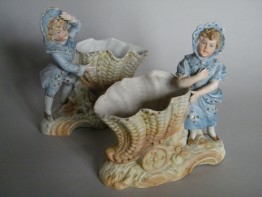 #1624  Pair of Bisque Porcelain Boy & Girl Cornucopia Vases, circa  1890-1910