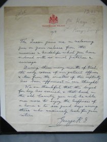 #1696   Hand Written Letter from King George V to Former Prisoner of War, 1918   **Sold**