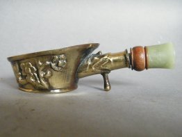 #1778  Small Chinese Export Brass & Nephrite Jade Silk / Lace Iron, circa 1900-1920