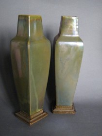 #0403 Signed Pair of Art Nouveau Rambervillers Lustre Vases with Gilt Bronze Stands, circa 1905-1910   450