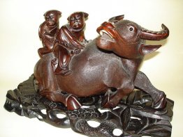 #0105 Large Carved Chinese Hardwood Buffalo and Stand - Gangxu Reign (1875 -- 1908) **Sold**  to USA December 2007 售至美国 - 2007年12月
