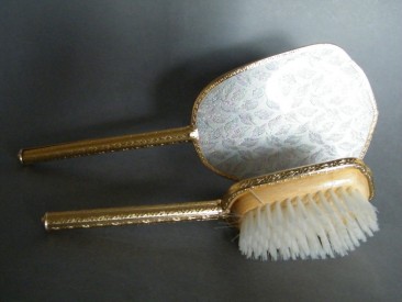 #0924 Boxed Ladies Dressing Table Mirror Brush & Clock Set, circa 1960s **SOLD**