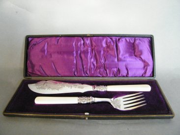 #1442  Victorian Silver Plated Ivory handled Fish Servers