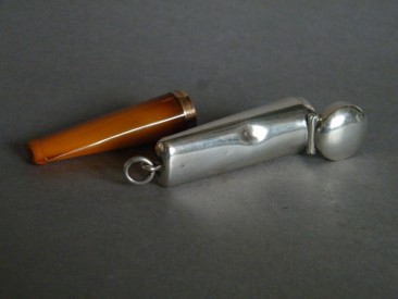 #0742 Edwardian Gold Collared Amber Cheroot Holder in Silver Case, circa 1910 **SOLD**