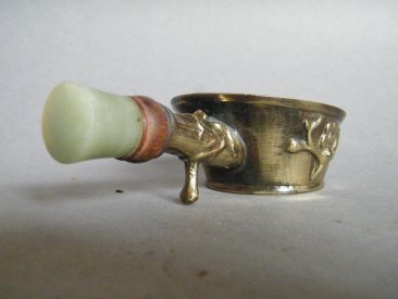 #1778  Small Chinese Export Brass & Nephrite Jade Silk / Lace Iron, circa 1900-1920