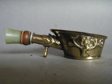 #1778  Small Chinese Export Brass & Nephrite Jade Silk / Lace Iron, circa 1900-1920