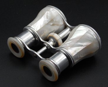 #1874  Mother of Pearl Mounted Victorian or Edwardian Aluminium Opera Glasses   **SOLD** January 2026