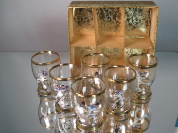 #1586  Boxed Set of Art Deco Dancing Sailors Shot Glasses, circa 1940s - 1950s