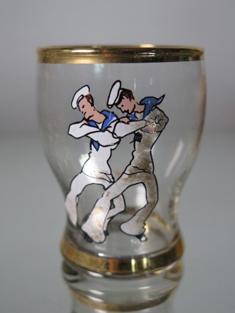 #1586  Boxed Set of Art Deco Dancing Sailors Shot Glasses, circa 1940s - 1950s