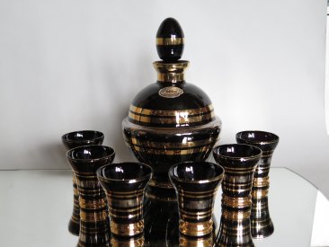 #1689  Art Deco Black Glass Decanter plus Six Shot Glasses, circa 1950s