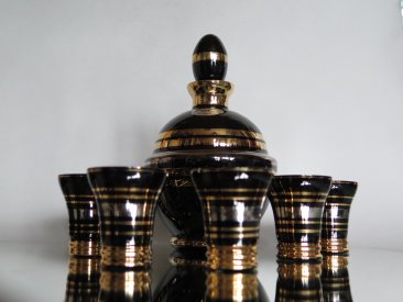 #1689  Art Deco Black Glass Decanter plus Six Shot Glasses, circa 1950s