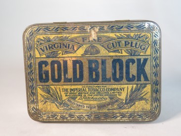 #1553  Gold Block Tobacco Tin (with tobacco), circa 1910 - 1920)  **Sold**  May 2018