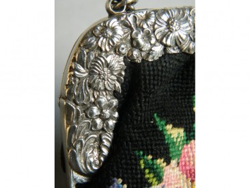 #0085 German Embroidered Handbag with Silver Clasp, Edwardian c1900-1910