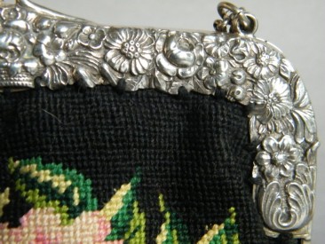 #0085 German Embroidered Handbag with Silver Clasp, Edwardian c1900-1910