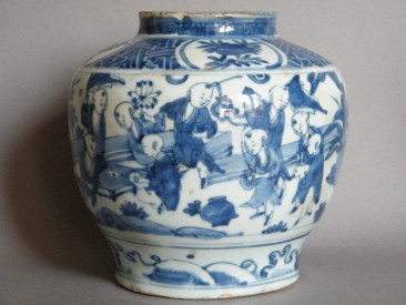 #0470  Late Ming Blue White Boys Jar Wanli Tianqi c 1610-1625 **Sold**