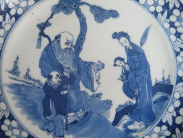 #1490  19th Century Chinese Blue & White Kangxi Style Dish - Shou Xing  **Sold**  to Thailand - 2010 售至泰国 - 2010年