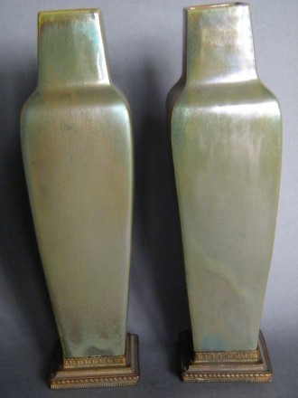 #0403 Signed Pair of Art Nouveau Rambervillers Lustre Vases with Gilt Bronze Stands, circa 1905-1910   450
