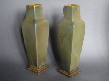 #0403 Signed Pair of Art Nouveau Rambervillers Lustre Vases with Gilt Bronze Stands, circa 1905-1910   450