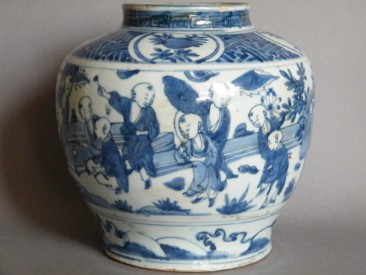 #0470  Late Ming Blue White Boys Jar Wanli Tianqi c 1610-1625 **Sold**