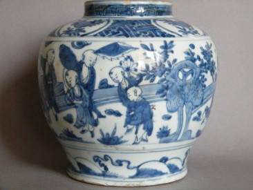 #0470  Late Ming Blue White Boys Jar Wanli Tianqi c 1610-1625 **Sold**